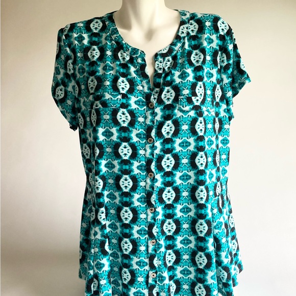 New Dana Buchman Green white Black Polyester Short Sleeves Blouse size XXL - Picture 1 of 13